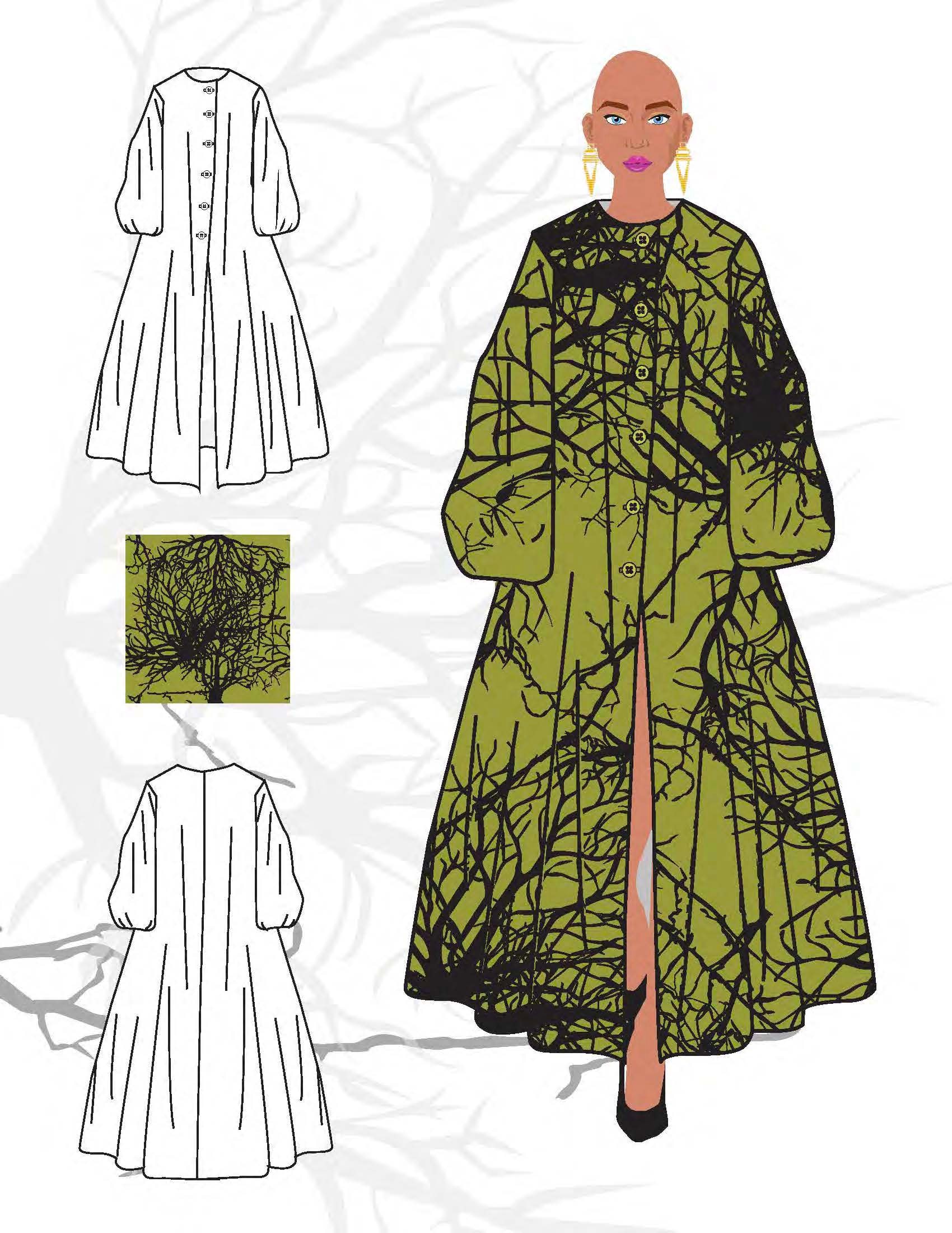 CAD fashion sketch — figure illustration with garment flats