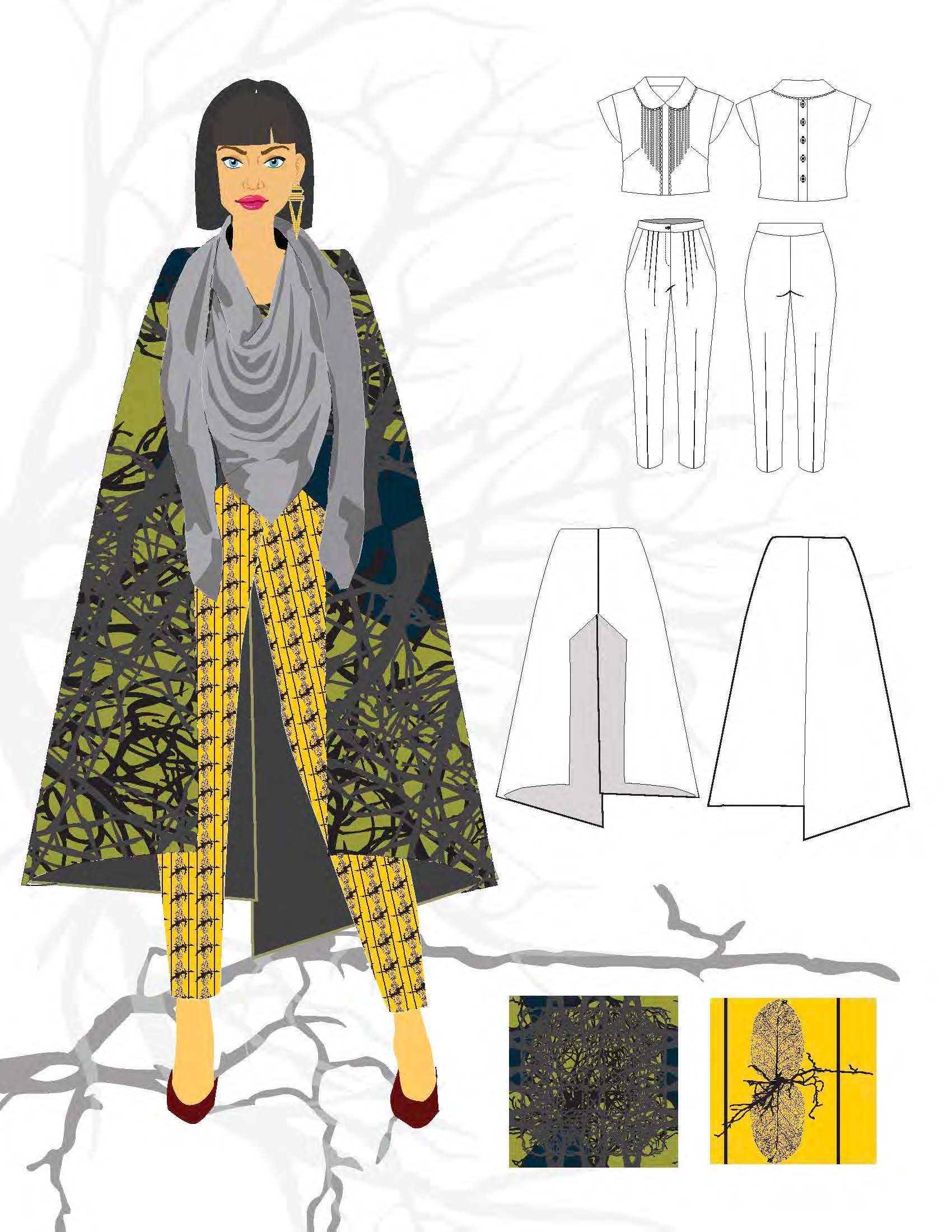 CAD fashion sketch — figure illustration with garment flats