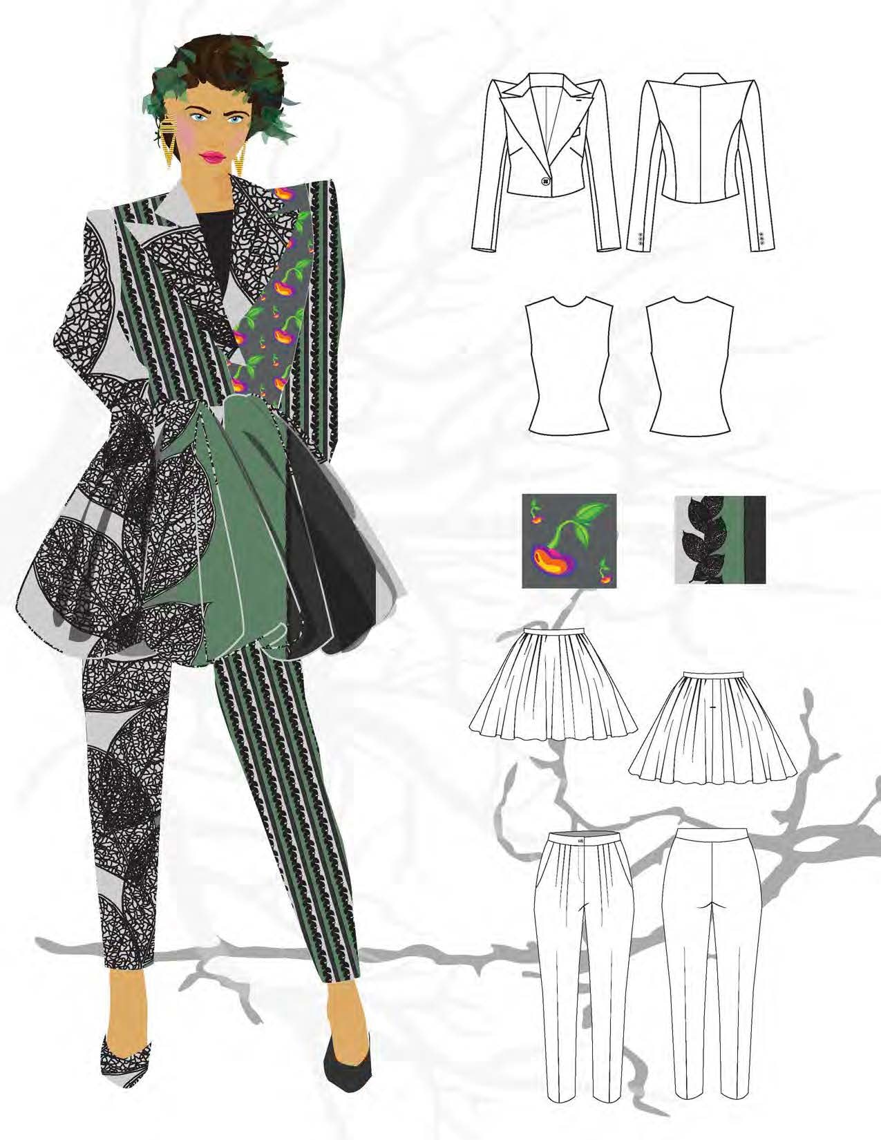 CAD fashion sketch — garment design with textile swatches