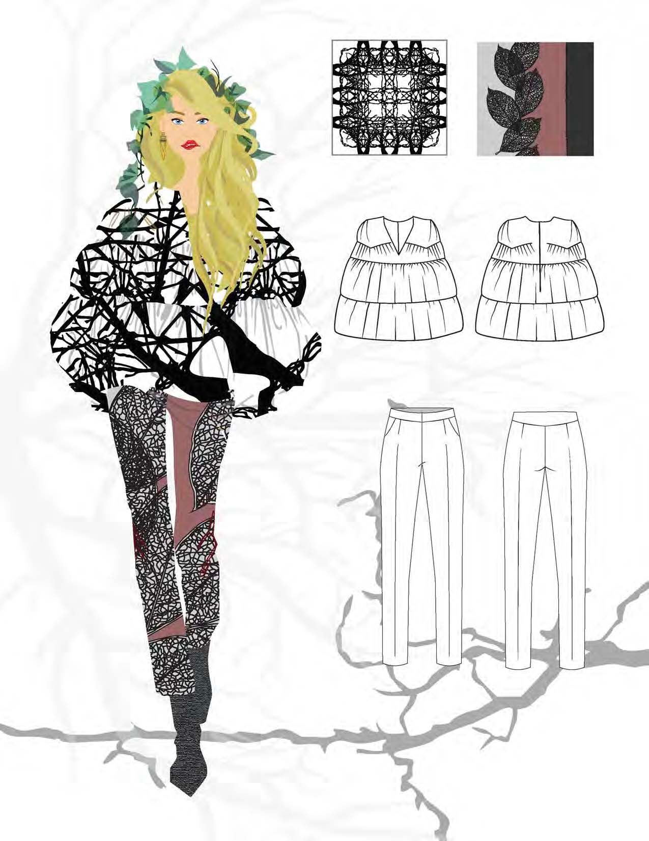 CAD fashion sketch — garment design with textile swatches