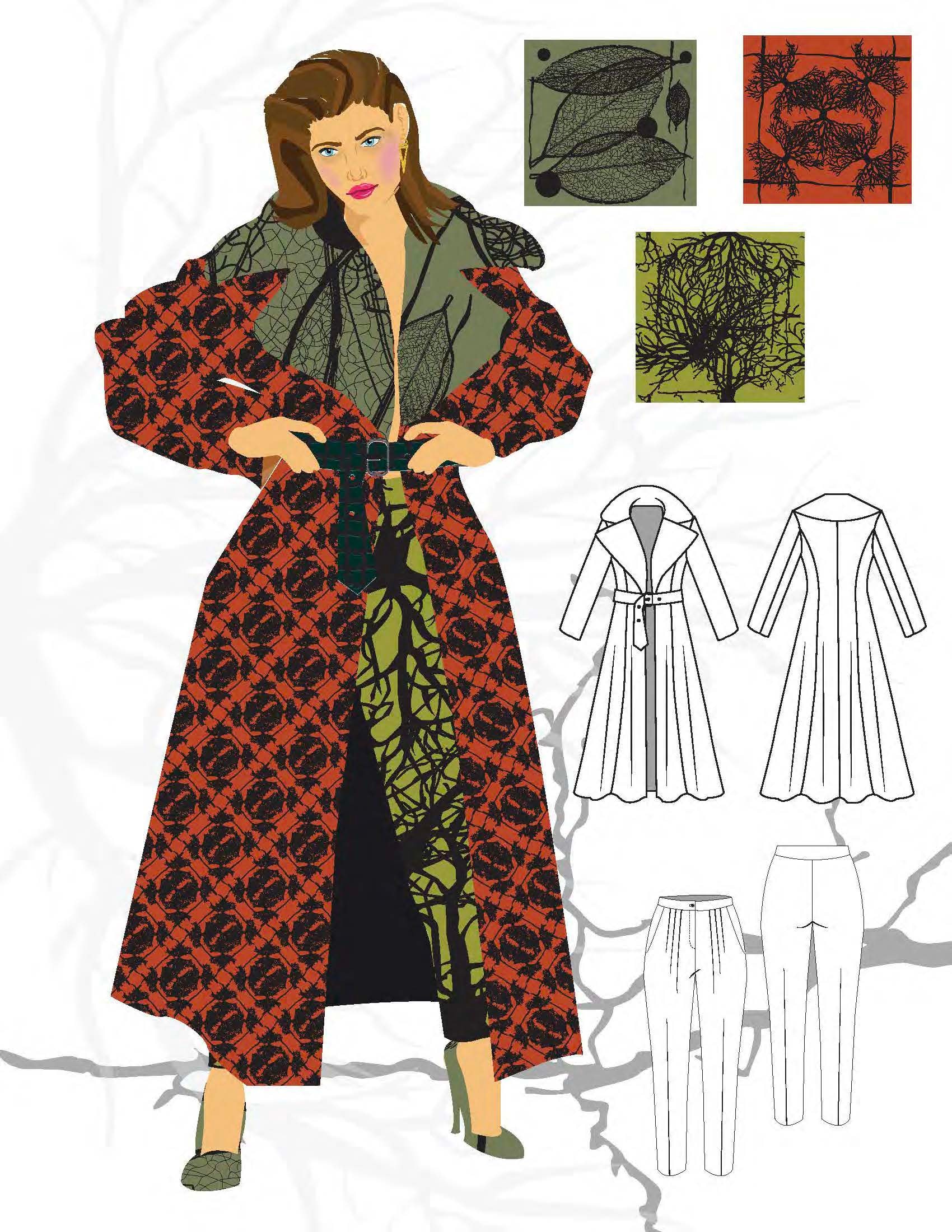 CAD fashion sketch — garment design with textile swatches