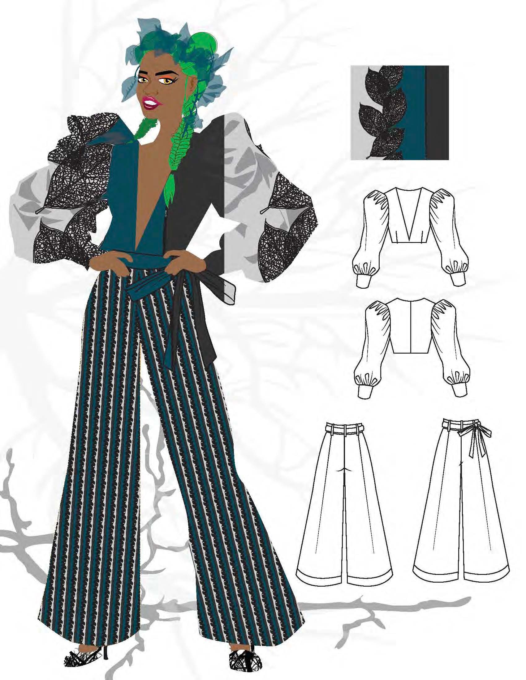 CAD fashion sketch — technical flat with construction details