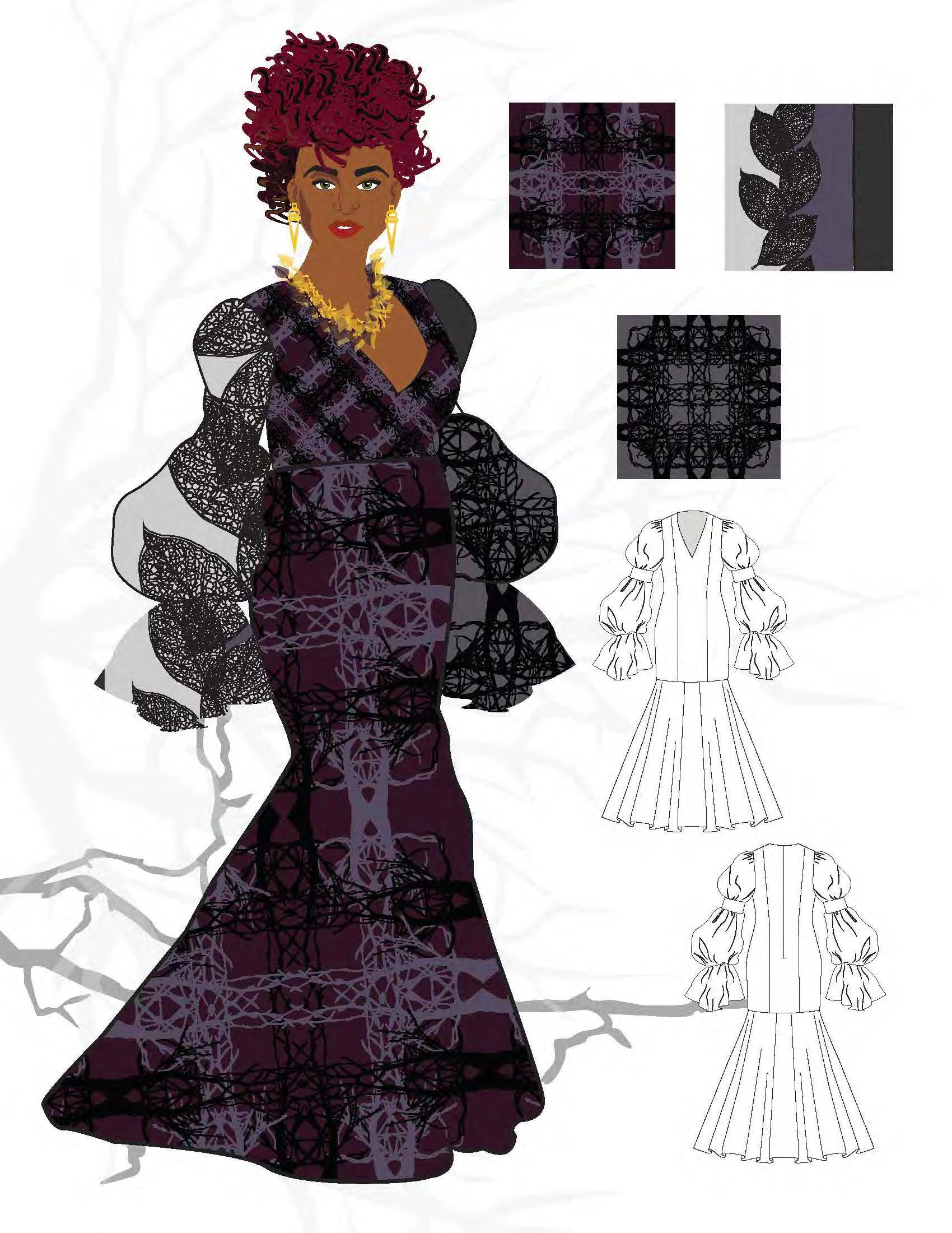 CAD fashion sketch — figure illustration with garment flats