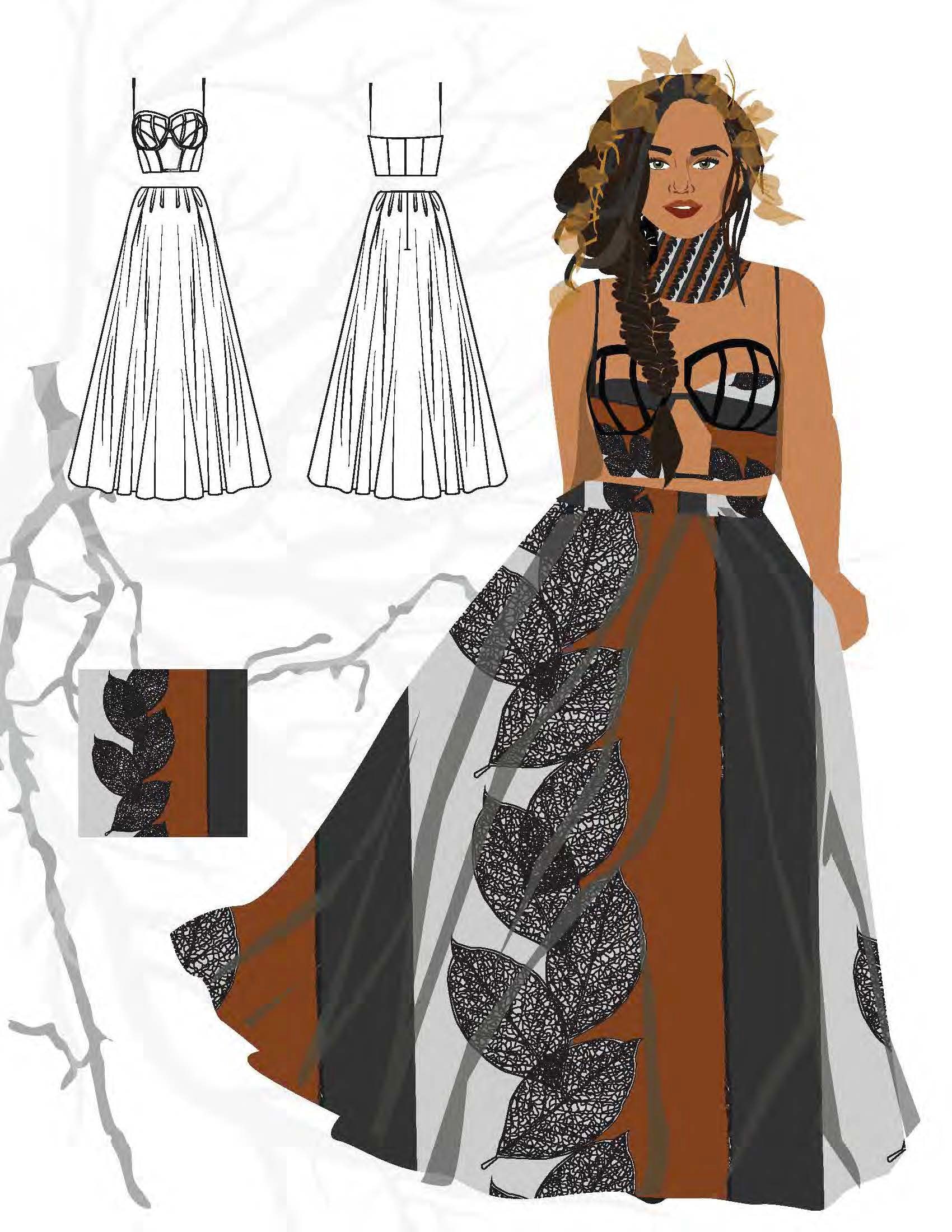 CAD fashion sketch — figure illustration with garment flats